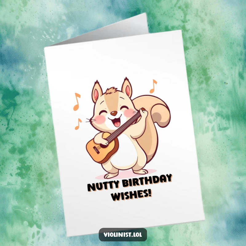 Funny Free Printable Birthday Card: A happy squirrel bopping its head energetically while playing a violin at a birthday party.