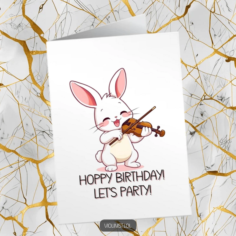 Funny Free Printable Birthday Card: Joyful bunny playing violin with gusto, making birthday music with a lively bow.