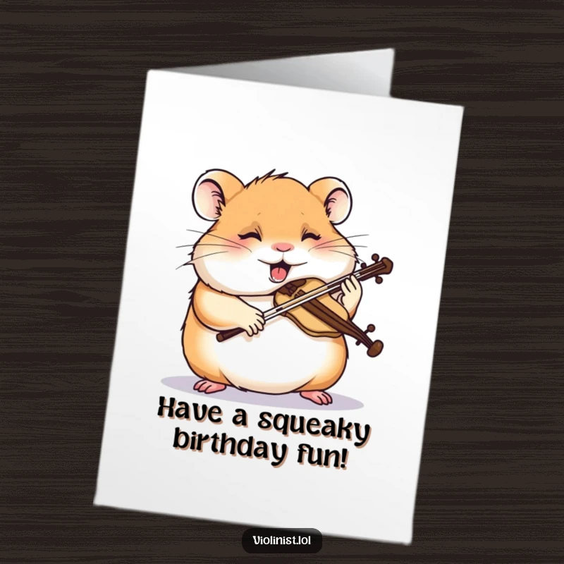 Funny Free Printable Birthday Card: Giggling hamster intensely sawing a miniature violin, capturing dedicated silliness.