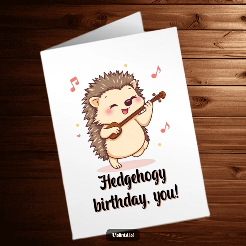 Funny Free Printable Birthday Card: A happy hedgehog tapping its foot energetically to a lively violin tune, sending birthday cheer.