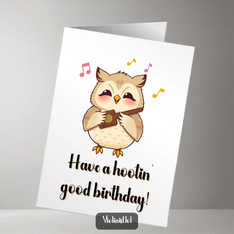 Funny Free Printable Birthday Card: Content owl with a serene smile playing a soaring tune, spreading musical joy.