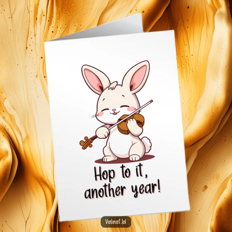 Funny Free Printable Birthday Card: Cheerful bunny playing violin with eyes closed in blissful happiness, a musical celebration.