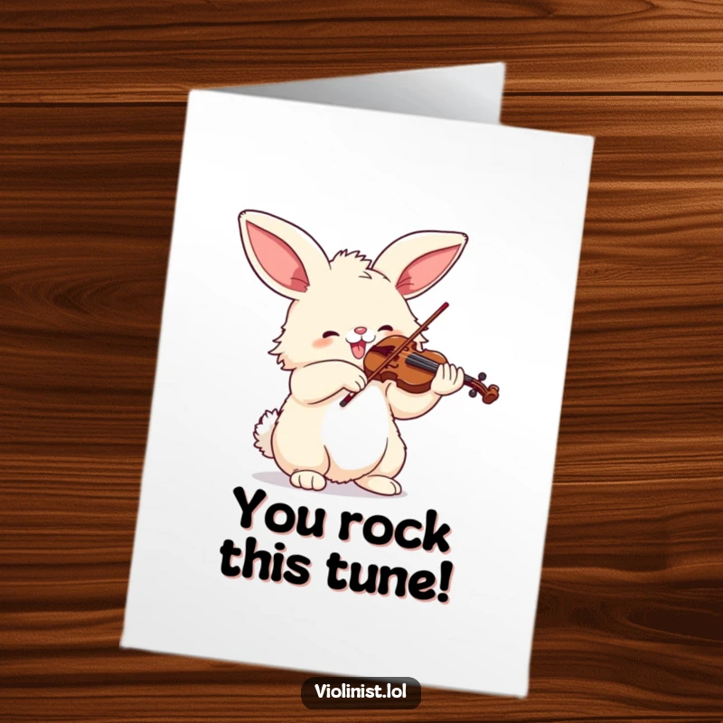 Funny Free Printable Congratulations Card: Fluffy bunny with big ears enthusiastically playing a violin, a joyous musical congratulations downloadable.