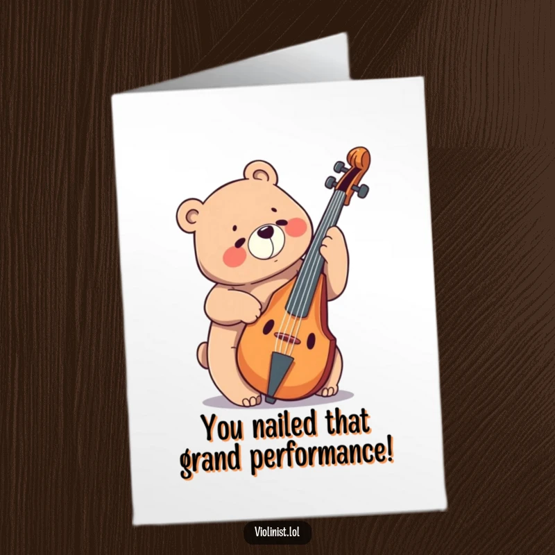 Funny Free Printable Congrats Card: A bear with a joyful expression plays a giant cello with glee.