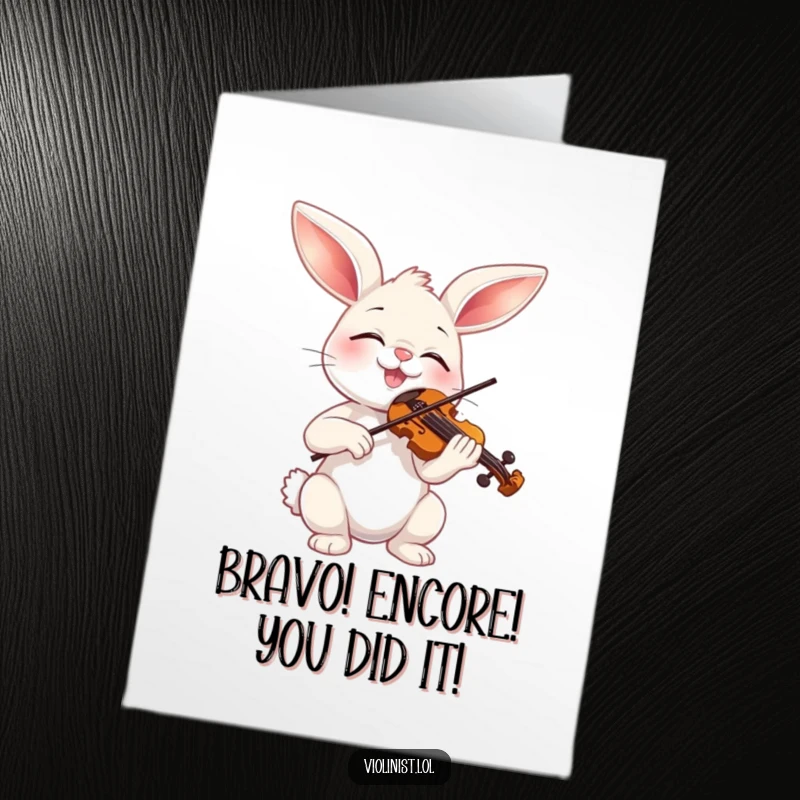 Funny Free Printable Congrats Card: A happy bunny plays a miniature violin with eyes closed in pure bliss.
