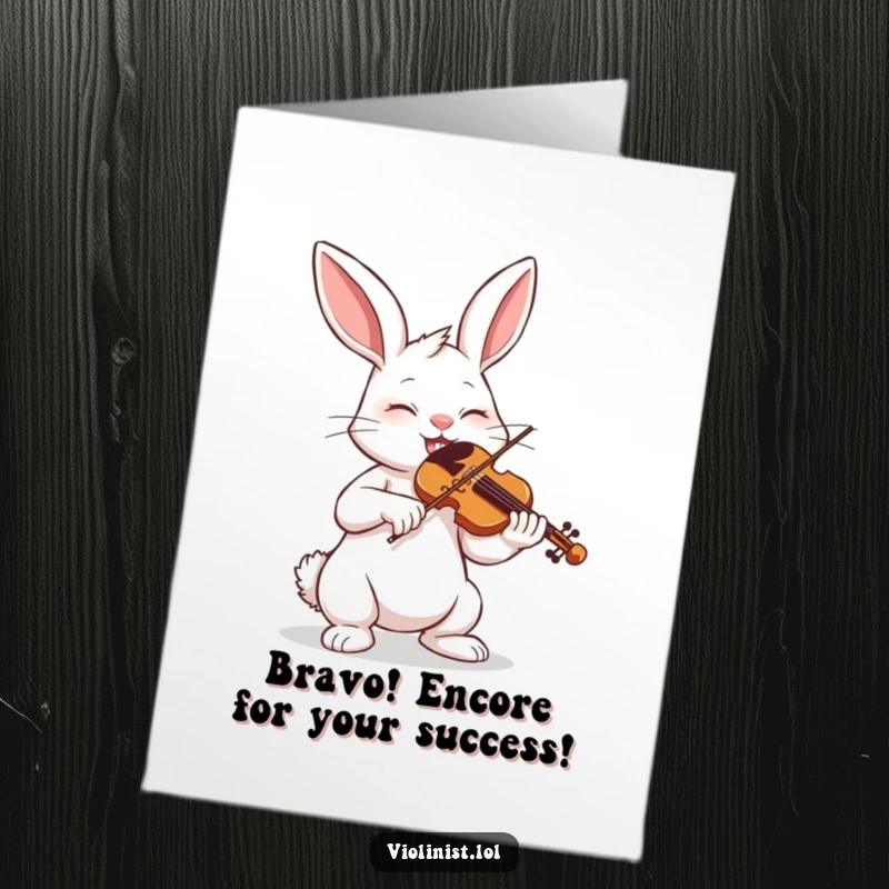 Funny Free Printable Congratulations Card: Determined bunny eyes closed, passionately playing violin to celebrate a hilarious success.