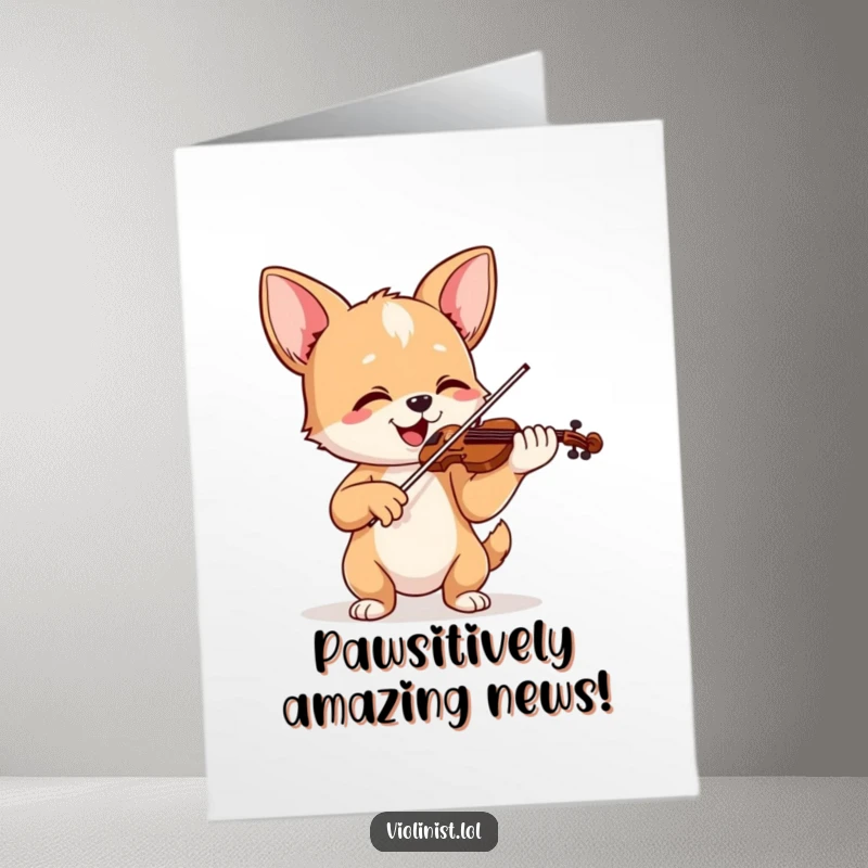 Funny Free Printable Congratulations Card: Happy dog playing violin with ears perked up, celebrating a fantastic achievement.