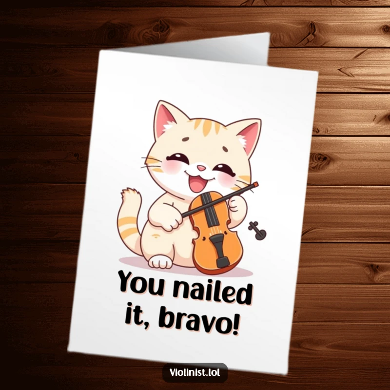Funny Free Printable Congratulations Card: A happy cat plays a violin with a huge smile, celebrating achievements.