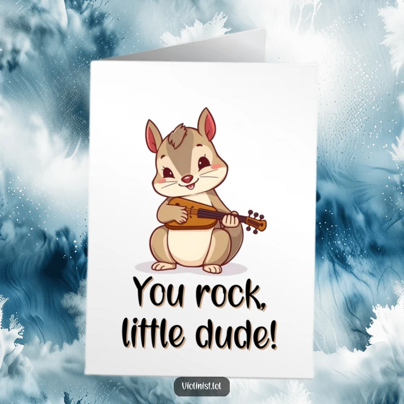 Funny Free Printable Congrats Card showing a squirrel enthusiastically playing a miniature fiddle, celebrating a fantastic achievement.