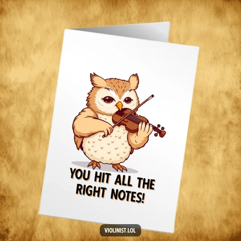 Funny Free Printable Congratulations Card: Content owl with eyes closed, expertly performing a complex violin piece, radiating artistic satisfaction.