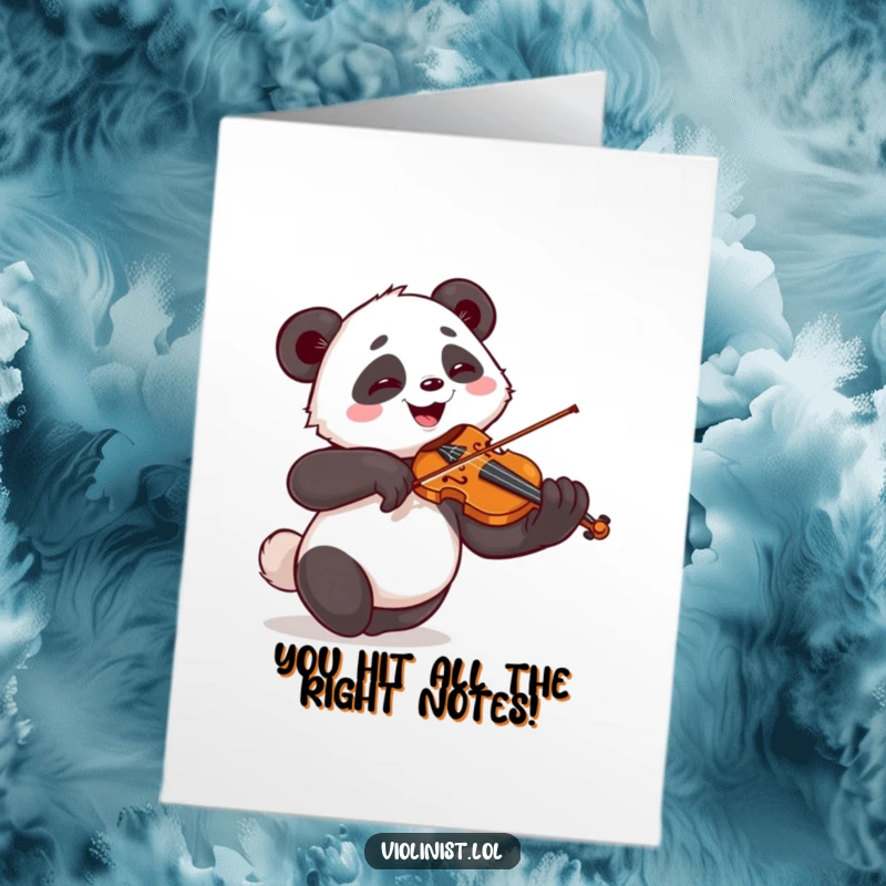 Funny Free Printable Congratulations Card: Giggling panda celebrates with flourish on the violin, a joyous scene.
