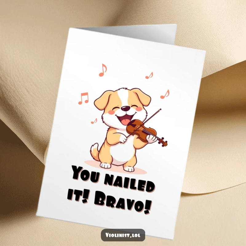 Funny Free Printable Congratulations Card: A dog joyfully bobs its head, playing the violin to celebrate a big win.