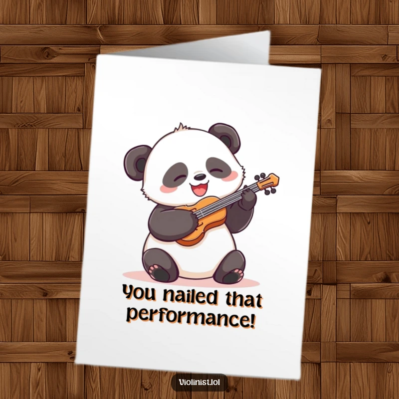 Funny Free Printable Congratulations Card: Silly panda with a happy grin, energetically strumming a tiny violin, exuding pure musical joy.
