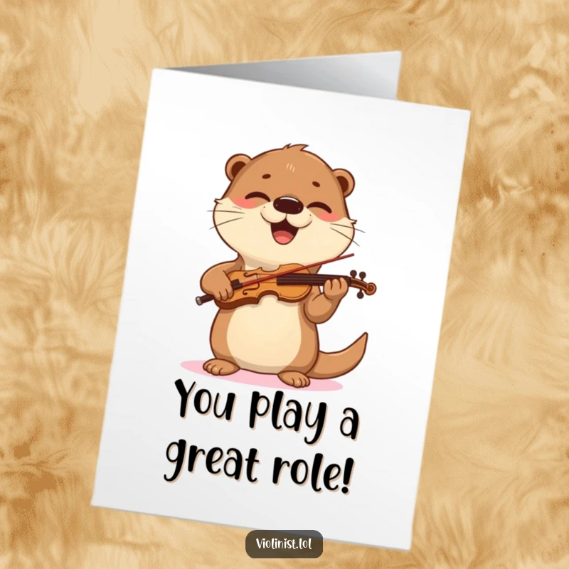 Funny Free Printable Congratulations Card: A happy otter joyfully playing the violin with a bouncy bow, celebrating a grand success.