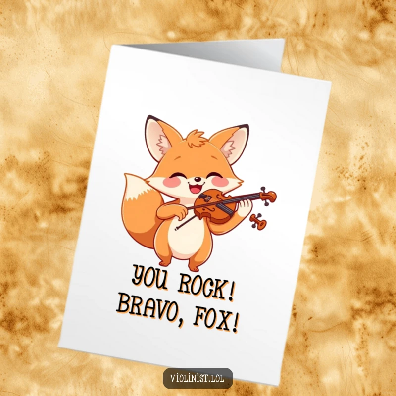 Funny Free Printable Congratulations Card: Cheerful fox with a broad smile, enthusiastically playing violin to celebrate a win.