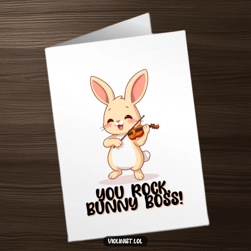 Funny Free Printable Congrats Card: Happy Bunny Dancing with Gusto While Playing a Miniature Violin