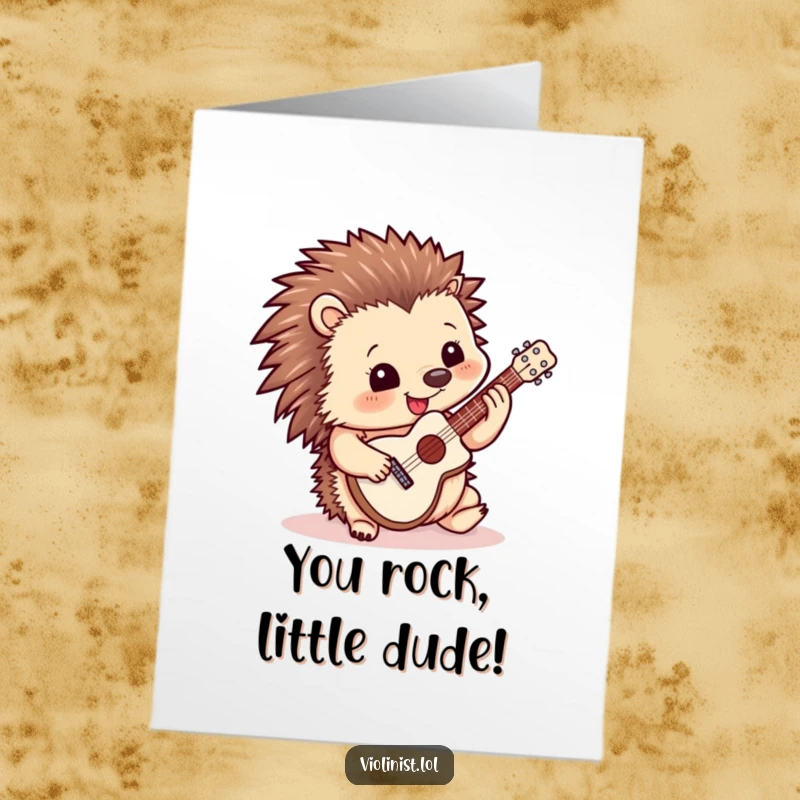 Funny Free Printable Congrats Card: Happy hedgehog playing a miniature guitar, celebrating a stellar achievement.