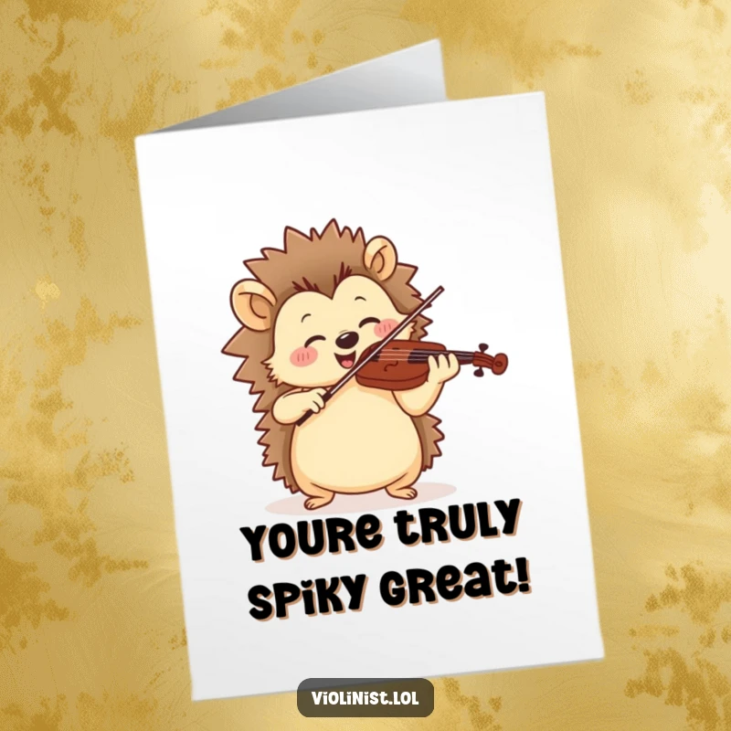Funny Free Printable Congratulations Card: Jolly hedgehog playing violin with cheerful, rhythmic motion, celebrating a successful milestone.