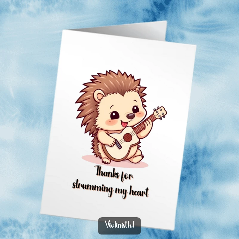 Funny Free Printable Thank You Card: Happy hedgehog playing a miniature guitar, sending thanks.