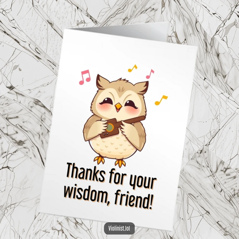 Funny Free Printable Thank You Card: Owl playing a tune with a serene smile, humorously expressing thanks.