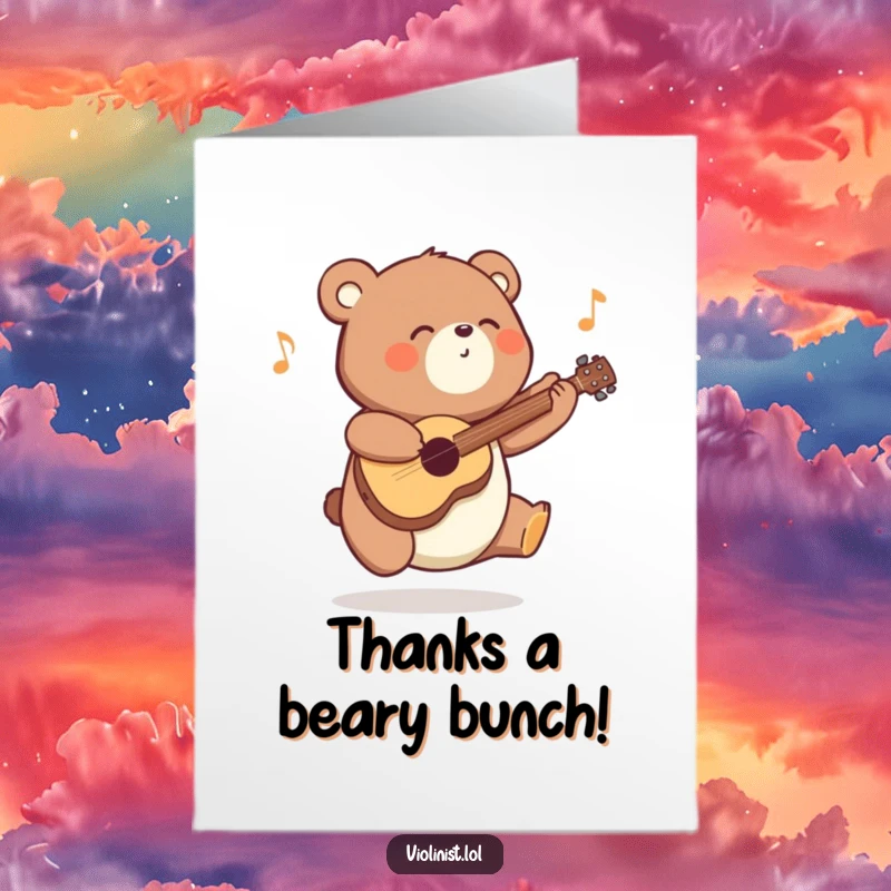 Funny Free Printable Thank You Card: Energetic bear playing music to express gratitude, a perfect DIY thank you.