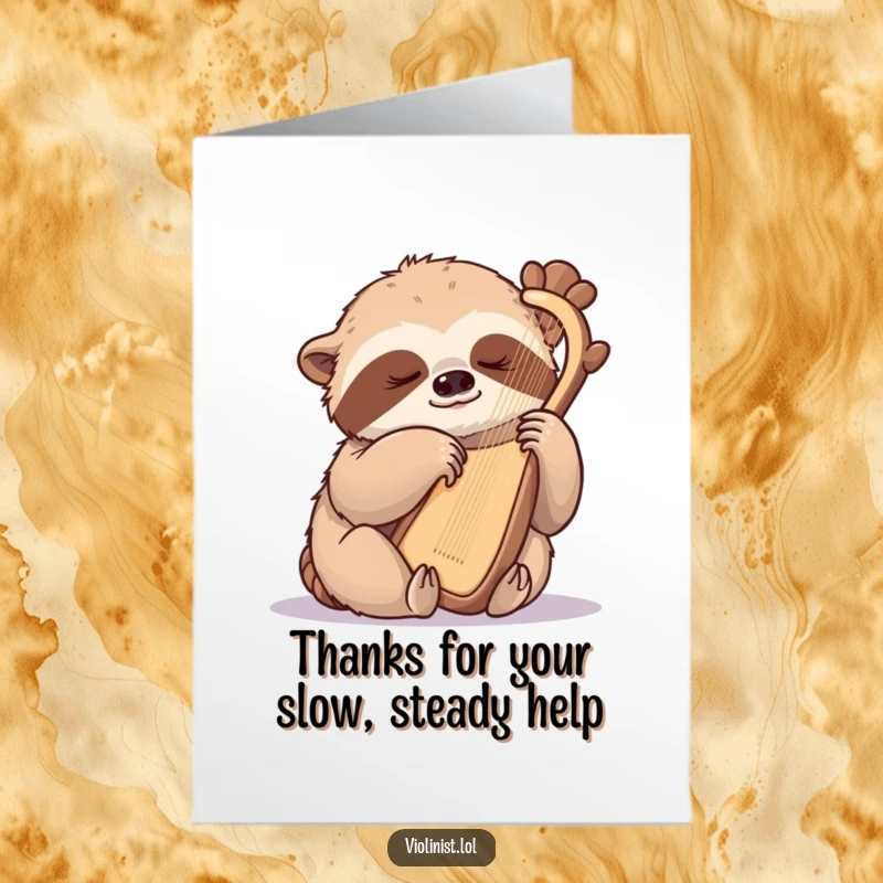 Funny Free Printable Thank You Card: sleepy sloth gently plucking a harp, a serene and humorous thank you, DIY gift.