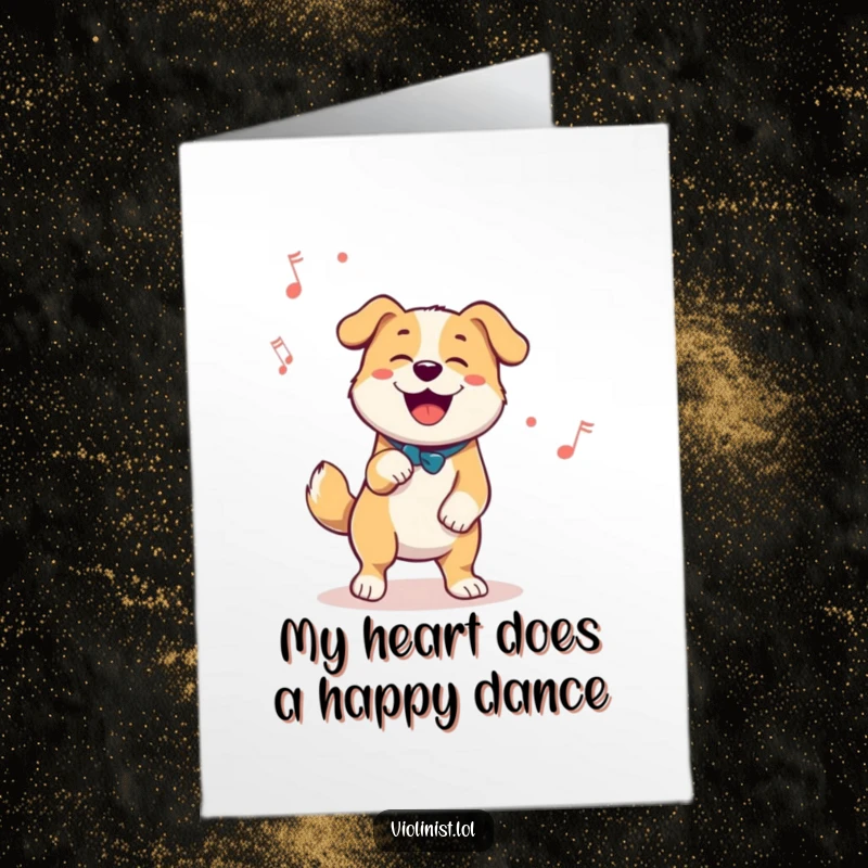 Funny Free Printable Thank You Card: Happy dog enthusiastically tapping foot to music, conveying thanks with joyful movement.
