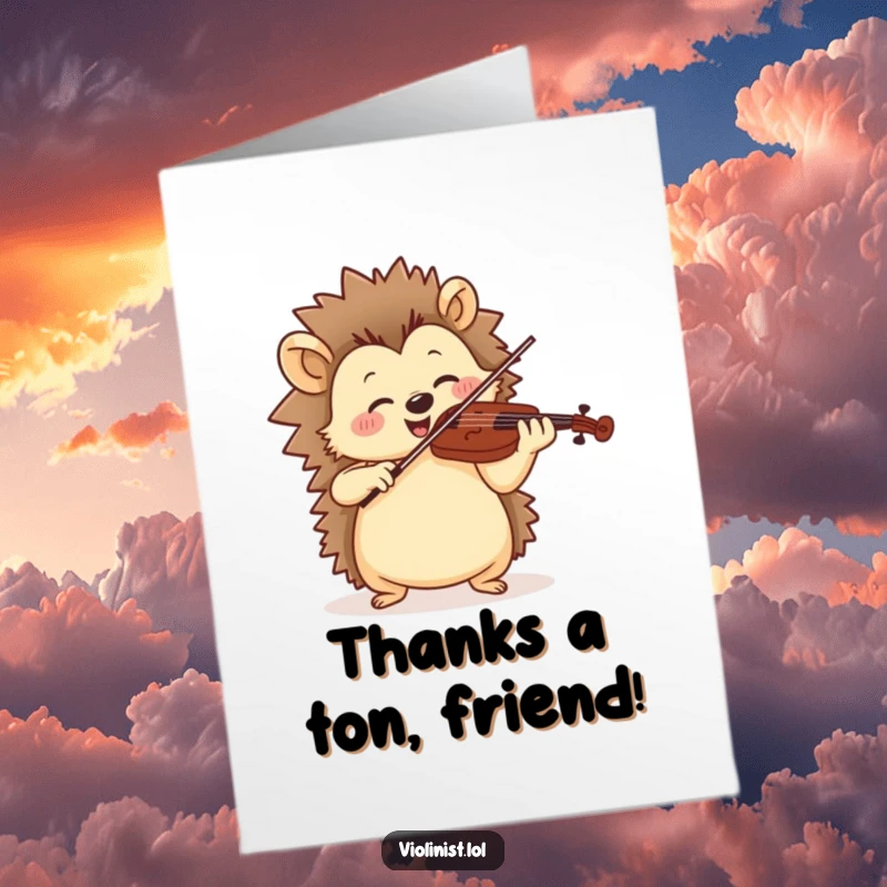 Funny Free Printable Thank You Card: Jolly hedgehog playing violin with cheerful, rhythmic motion, sending happy thanks.