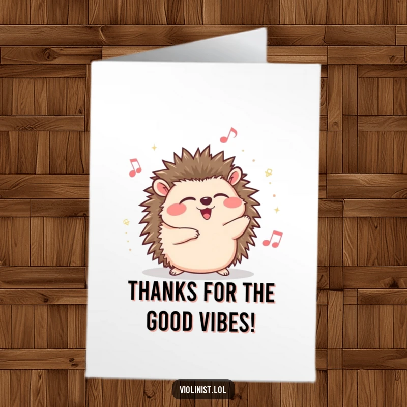 Funny Free Printable Thank You Card: Giggling hedgehog swaying with closed eyes, lost in music, conveying heartfelt thanks with rhythm.