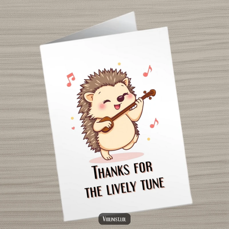Funny Free Printable Thank You Card: A happy hedgehog tapping its foot to a vibrant violin tune, conveying sincere thanks.