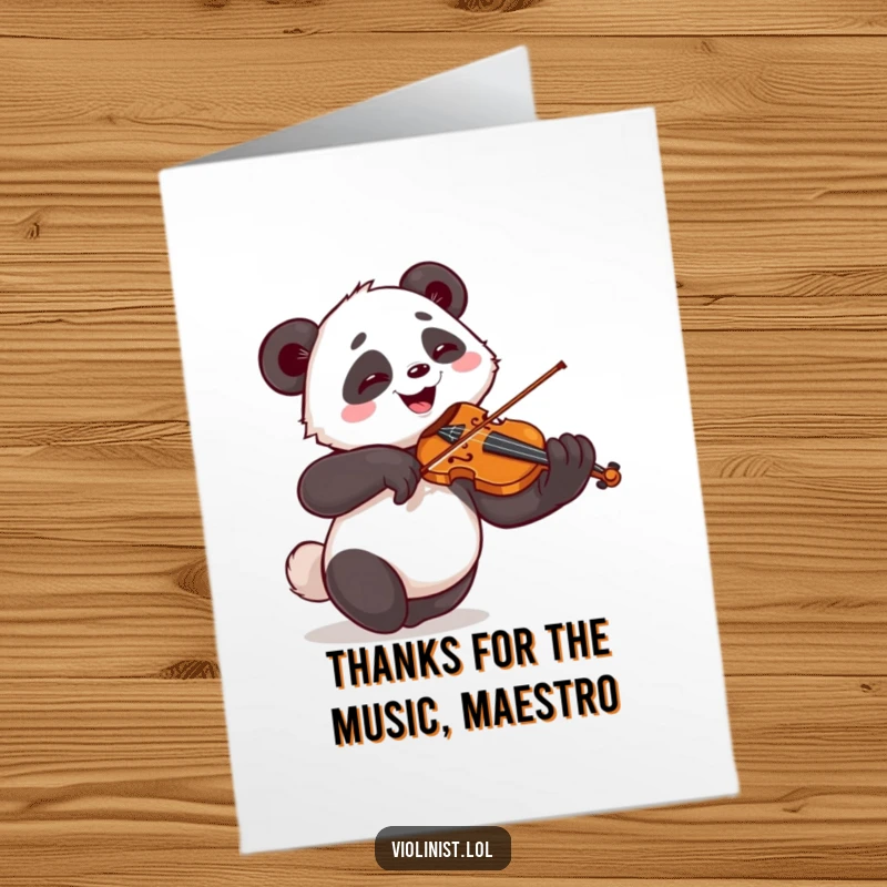 Funny Free Printable Thank You Card: Giggling panda serenades thanks with violin, a humorous gesture.