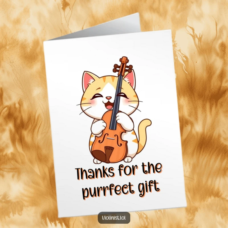 Funny Free Printable Thank You Card: Confused cat holding a violin upside down, expressing thankful bewilderment.