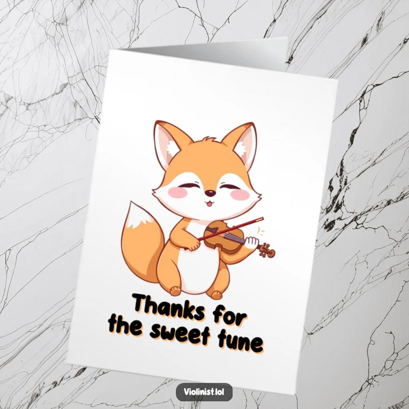 Funny Free Printable Thank You Card: A happy fox with closed eyes passionately playing a miniature violin, sharing heartfelt thanks.