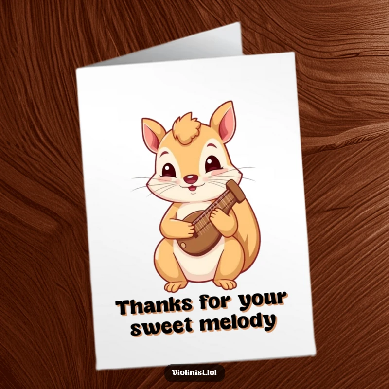 Funny Free Printable Thank You Card: A curious squirrel strumming a tiny harp, playing a sweet song to express sincere thanks.