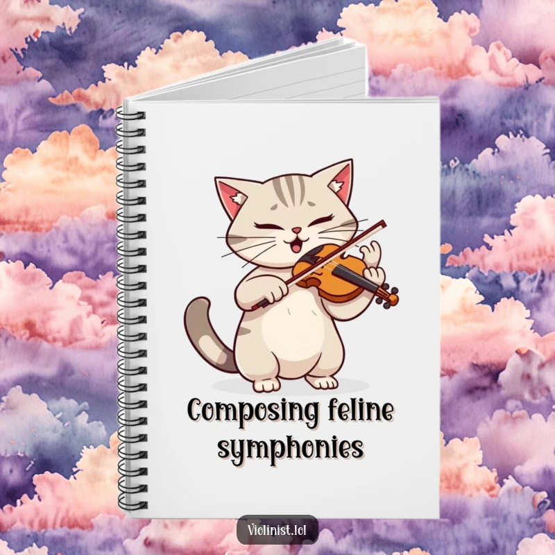 Funny notebook with a determined cat playing violin with dramatic flair and a twitching tail, ready for musical notes and ideas.