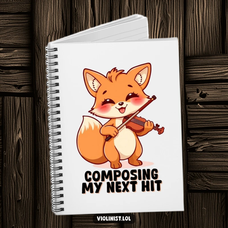 Funny notebook showcasing a cheerful fox with a beaming smile, enthusiastically playing the violin with impressive flair.