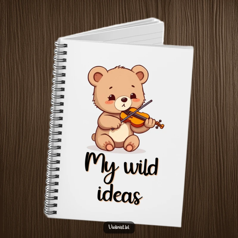 Funny notebook featuring a small bear cub playing the violin with energetic enthusiasm and wide, happy eyes.