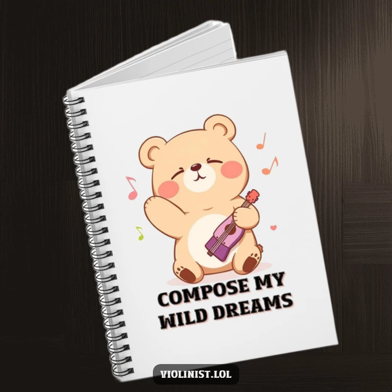 Funny bear bowing with eyes closed in musical bliss, ready to jot down notes, on a notebook cover, great funny gift.