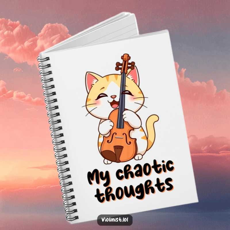 Funny notebook cover with a confused cat holding a violin upside down, symbolizing creative struggles and musical humor.
