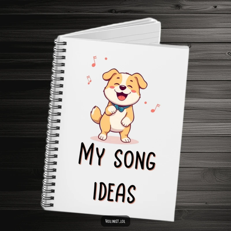 Funny notebook cover with a happy dog enthusiastically tapping its foot to a melody, symbolizing rhythmic note-taking.