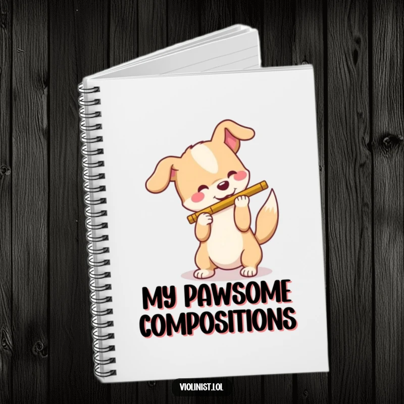Funny dog notebook, a happy dog wagging its tail, attempting to play a flute, ready to capture creative melodies and ideas.