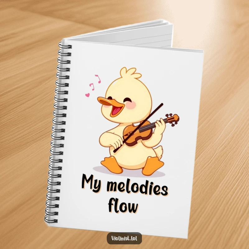 Funny cheerful duck playing a violin with virtuosic flair, depicted on the cover of a notebook.