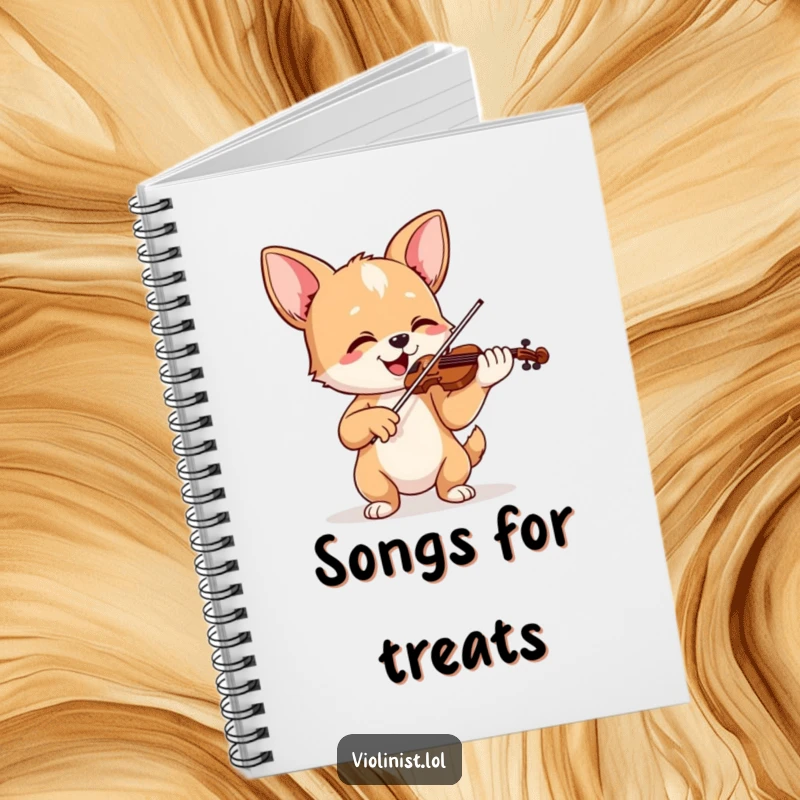 Funny notebook featuring a happy dog playing violin with ears perked up, perfect for jotting down musical inspirations.