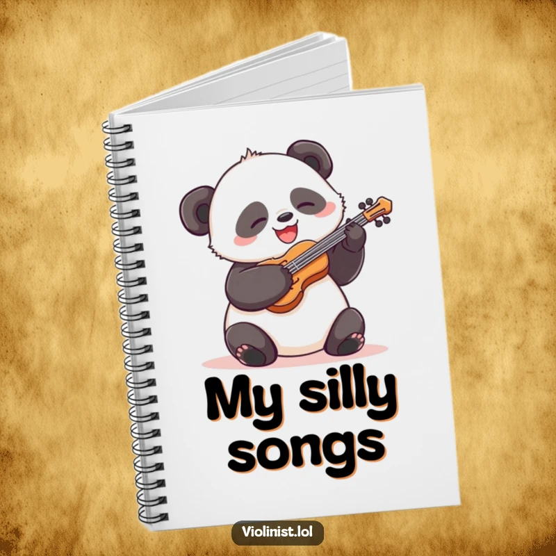 Funny panda notebook, silly expression, energetically playing a violin, perfect for journaling with a humorous and musical flair.