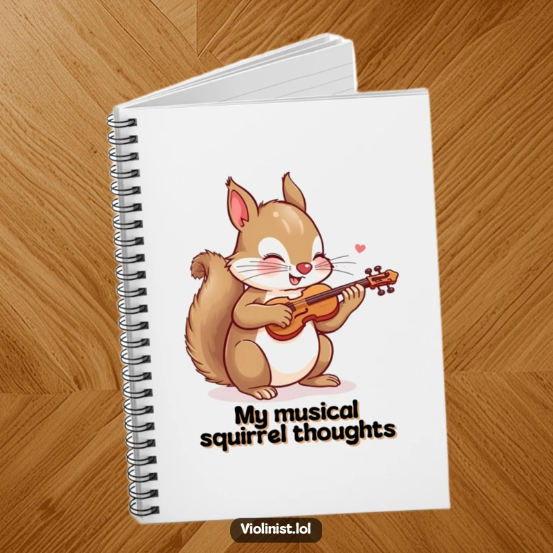 Funny notebook with a playful squirrel energetically sawing a tiny violin, inspiring creative thoughts and humorous musical ideas.