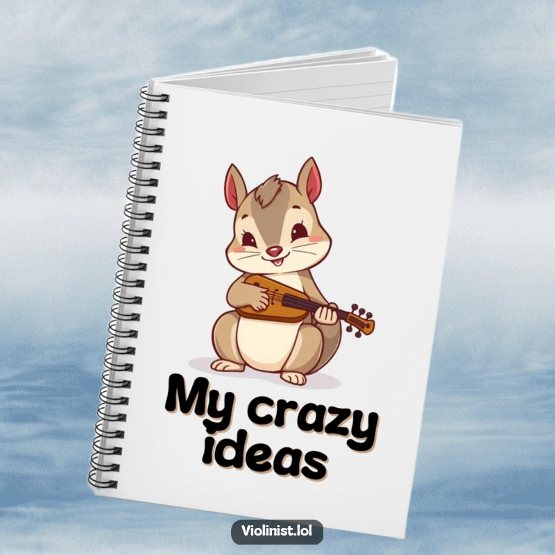 Funny notebook: An energetic squirrel plays a miniature fiddle, ideal for capturing musical ideas and creative notes with humorous flair.