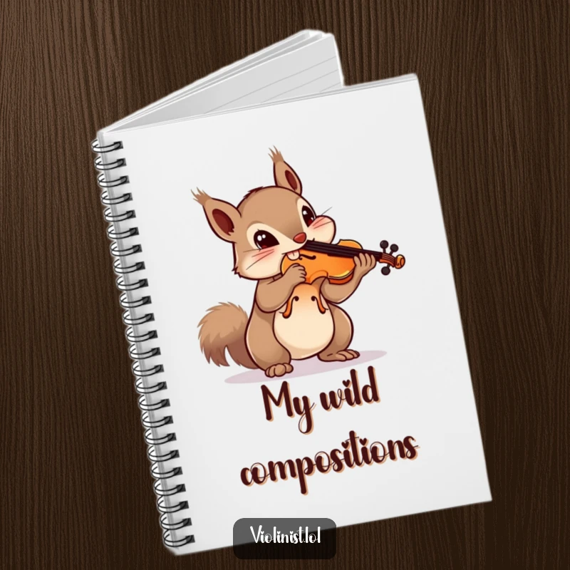 Funny squirrel notebook with a curious squirrel balancing a violin on its nose, perfect for jotting down musical ideas humorously.