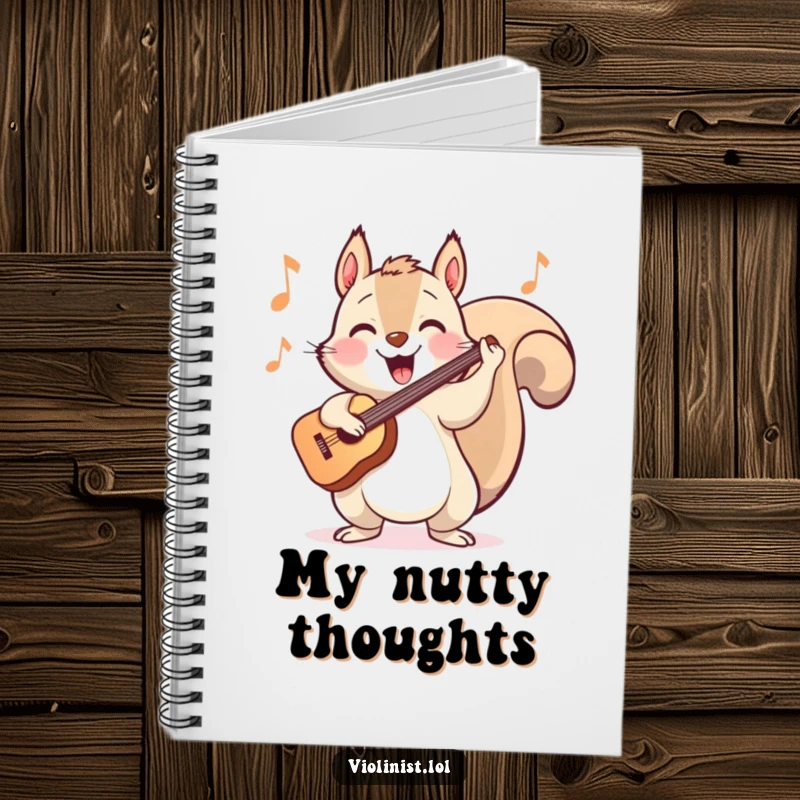 Funny notebook featuring a happy squirrel energetically bopping its head while playing a cheerful tune on the violin.
