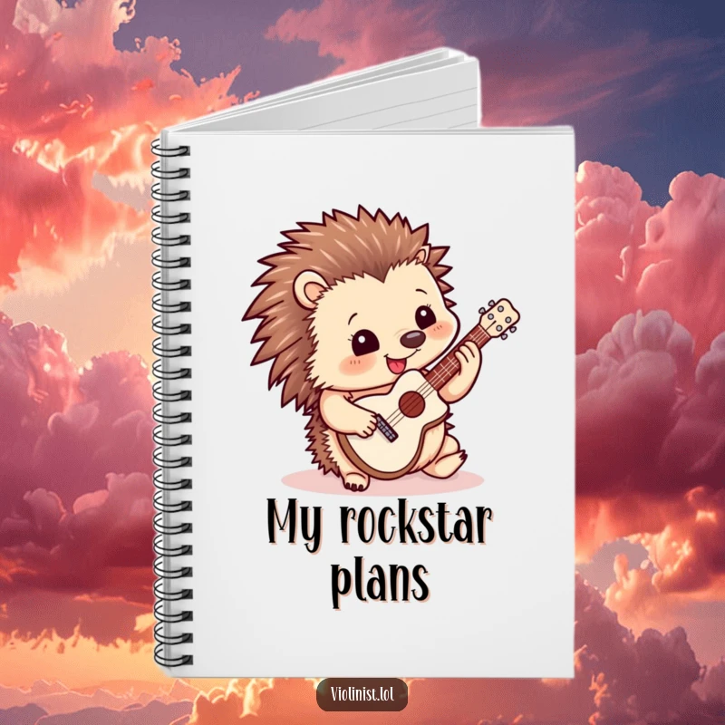 Funny notebook cover with a happy hedgehog playing a miniature guitar, symbolizing creativity and love for music.