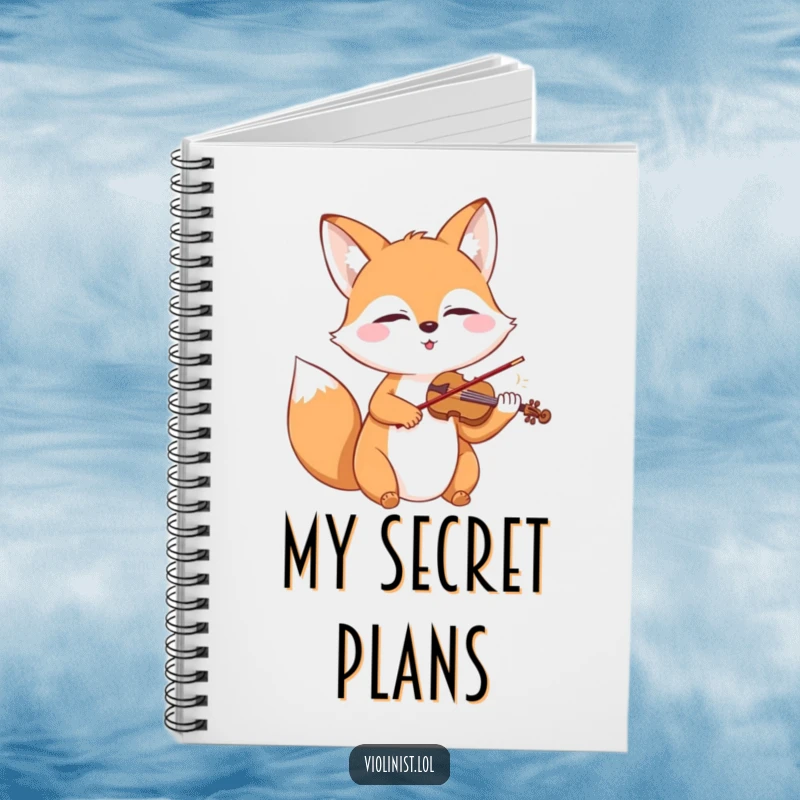 Happy fox with closed eyes playing a miniature violin, depicted on the cover of a notebook.